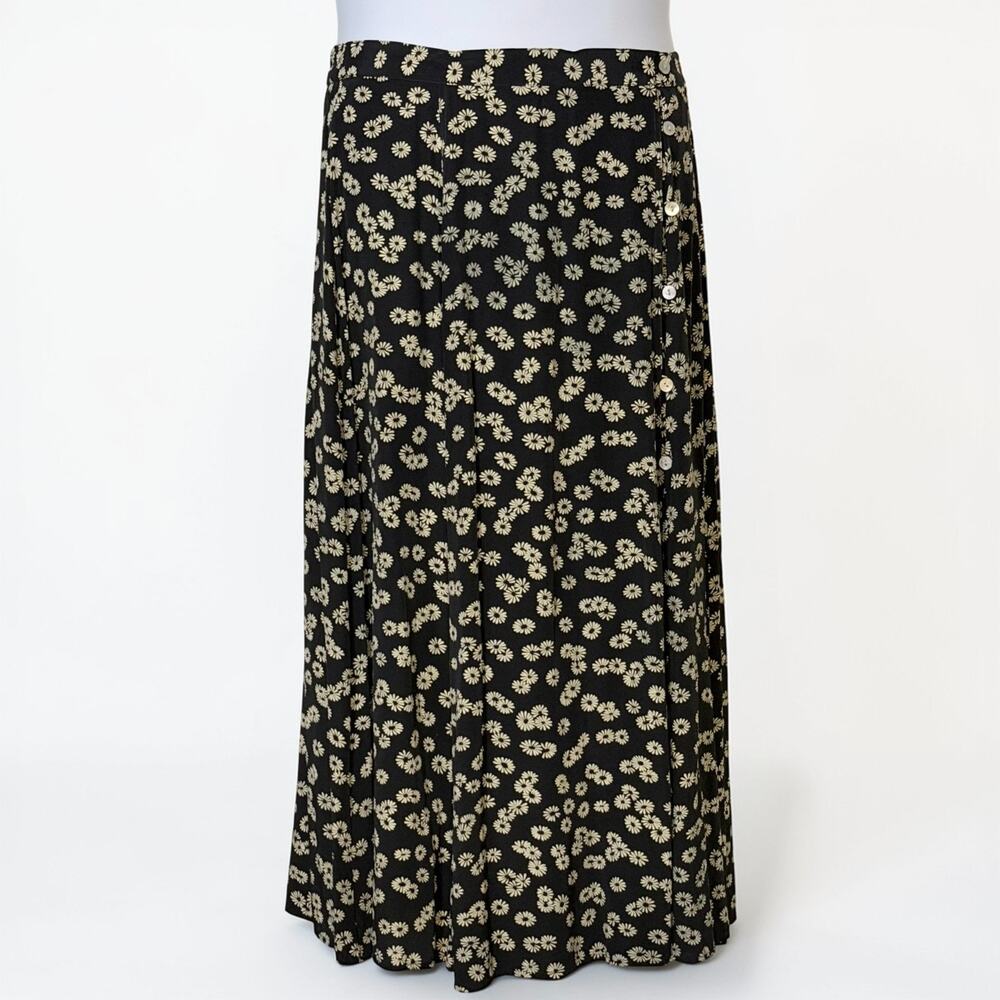 Vintage 90s J. Jill Daisy Floral Wrap Maxi Skirt Black Boho Cottagecore Size 14